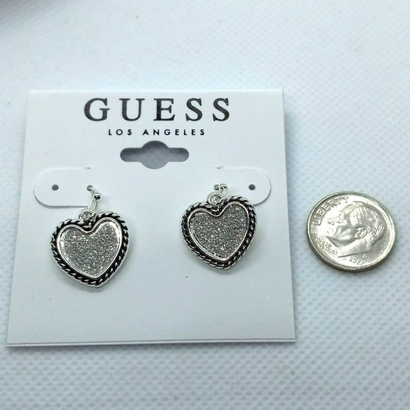 Guess Silver Tone Glittery Rope Outlined Heart Dangle Drop Pierced Earrings - Picture 4 of 4